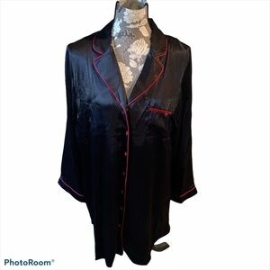 JONQUIL Black Satin Nightshirt w/ Red Trim size large